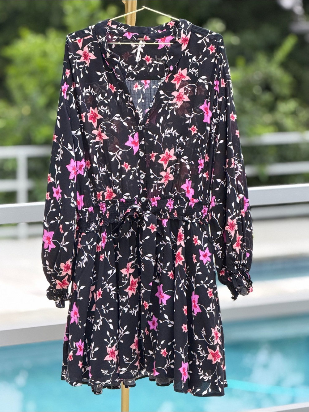 Free People Black Floral Long-Sleeve Drawstring Dress with Pink Accents